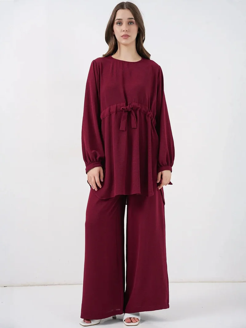 BIG DART BDART Crew Neck Tie Detail Tunic and Wide Leg Pants Set